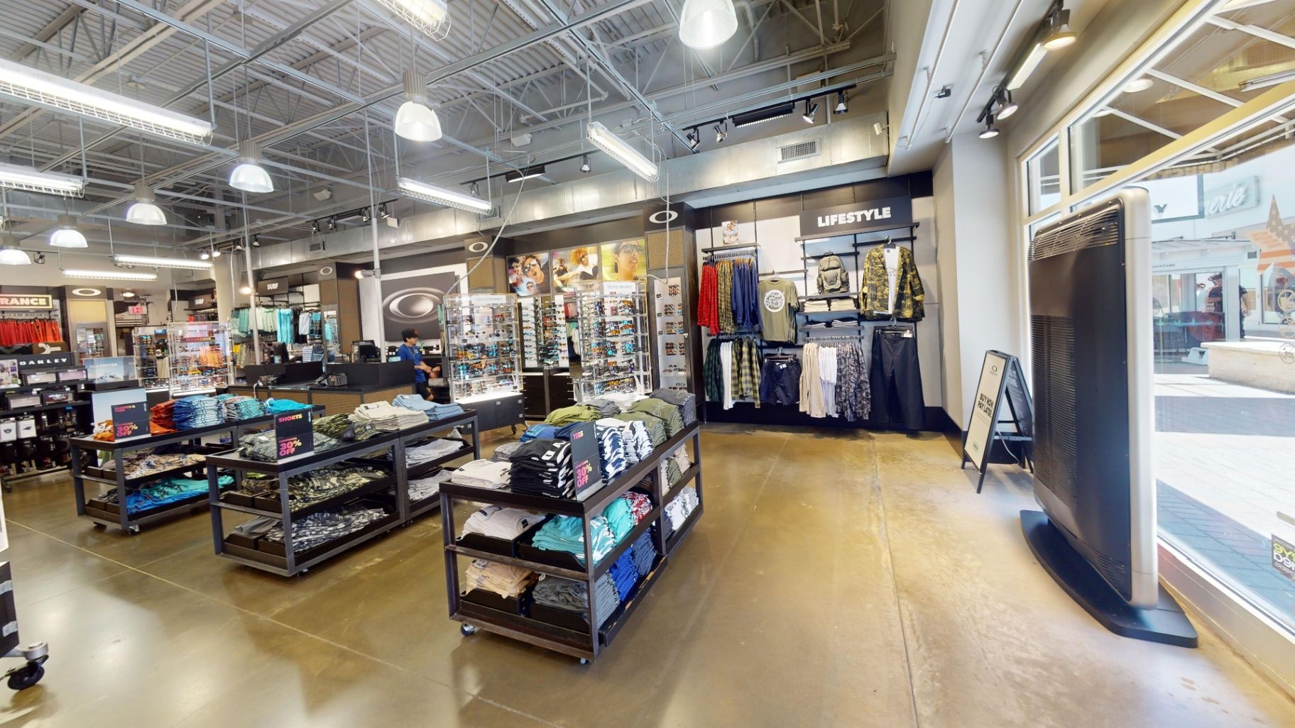 Commercial retail interior with merchandise displays and open floor area