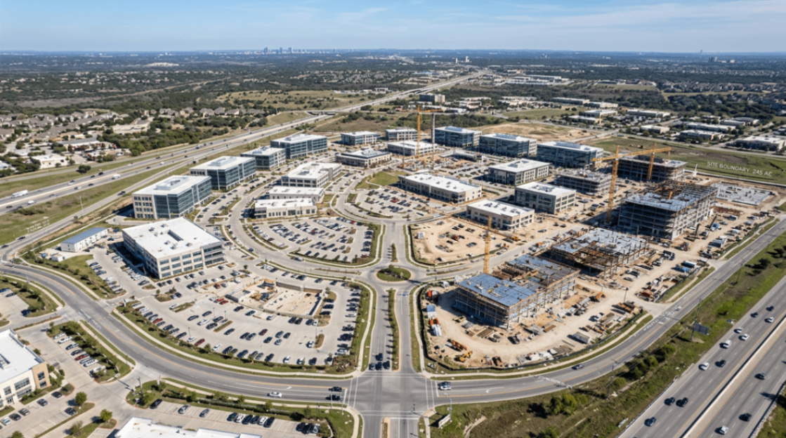 Aerial documentation of a commercial development with completed buildings, active construction, and surrounding roads