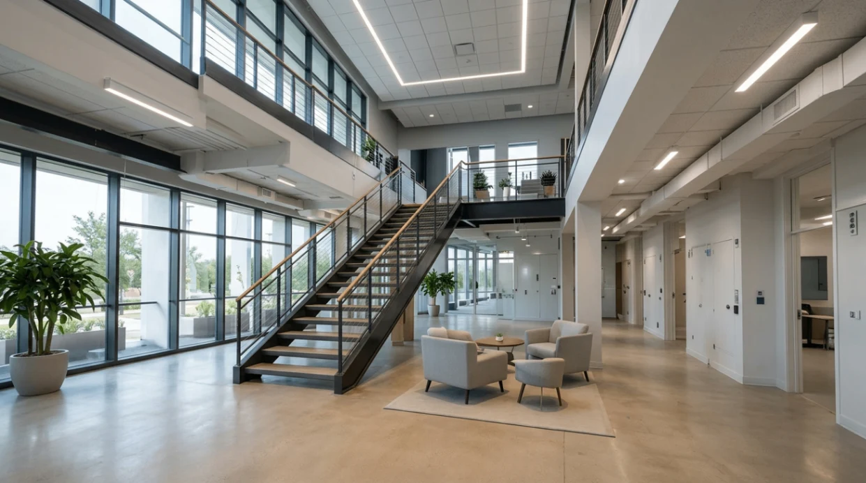 Wide-angle commercial interior with staircase, lobby, corridors, doors, and windows