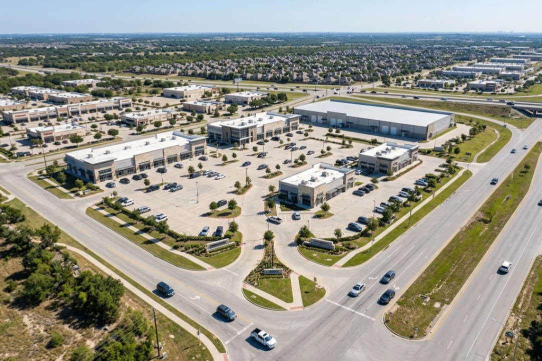 Aerial commercial property documentation showing a multi-building development, parking, roads, and highway access