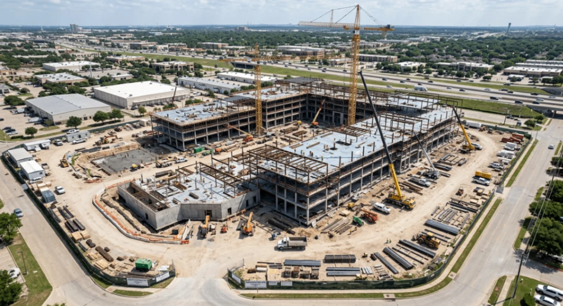 Active commercial construction site with structural steel, cranes, equipment, and surrounding roads